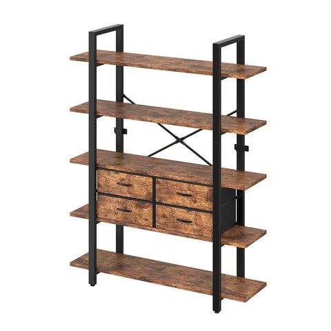 Industrial 5-Tier Bookshelf With Open Storage And Four Drawers, Sturdy Metal Frame And Durable Particleboard Shelves For Books, Decor