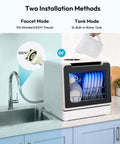 Portable Countertop Dishwasher Unit With Eight Quick Wash Cycles And Whisper Quiet Operation Totally Saves Counter Space, showcasing faucet and tank installation methods.