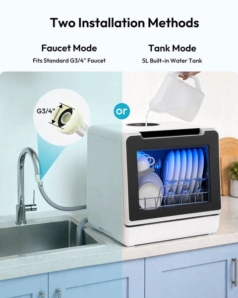 Portable Countertop Dishwasher Unit With Eight Quick Wash Cycles And Whisper Quiet Operation Totally Saves Counter Space, showcasing faucet and tank installation methods.