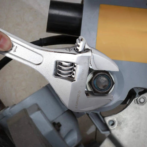 Beefy 12 Inch Adjustable Wrench Heavy Duty Crescent Style Tool with CRV Steel Jaw in use tightening a bolt