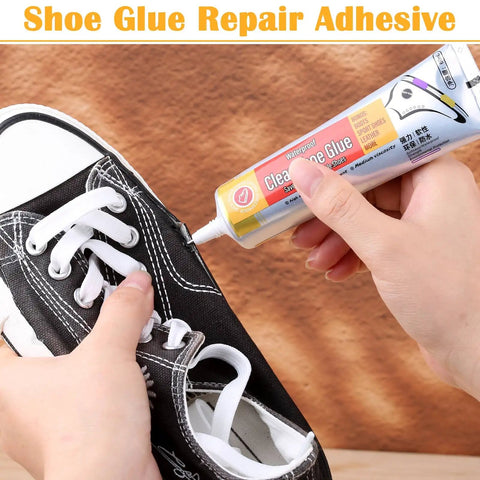 Waterproof Shoe Glue Kit For Sole Repair With Slow Drying Adhesive For Sneakers Boots Leather Bags And Heels Fix, Flexible Pro Grade Bond That Fully Cures In 24 Hours, Easy To Use And Durable being applied to sneaker sole.