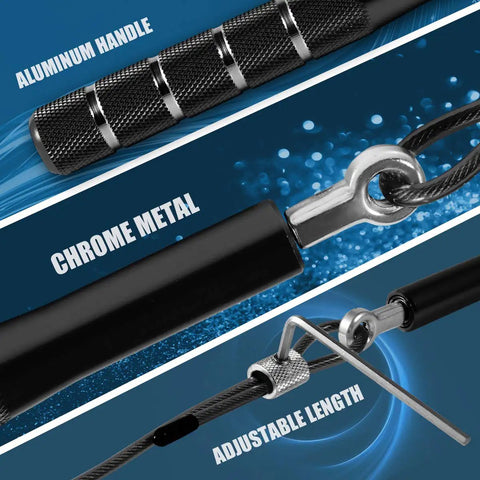Close-up of Speed Jump Rope For Training And Fitness, Adjustable Length Tangle Free Rope With Dual Bearings, metal handle and parts