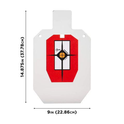 IPSC Silhouette Target On AR500 Steel For Rimfire And Centerfire Pistols 9 Inch Wide By 14.875 Inch High White Red Black