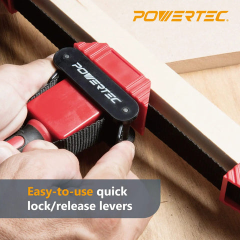 Badass Two Pack Strap Band Clamps With Quick Release Levers and Ergonomic Handles for Woodworking, showing easy-to-use quick lock/release levers.