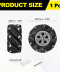 Front and side views of Meccanixity Mecanum wheel set with couplings, 97mm diameter, black ABS rubber.