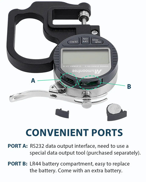 Pro Grade Digital Thickness Gauge 0-12.7mm 0.5 Inch with LCD Display, showing ports and battery compartment
