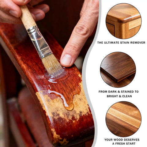 Application of Top Shelf Oxalic Acid Wood Bleach One Pound Powder Formula on stained wooden surface with brush.