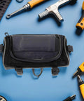 Top Tiers Waterproof Bike Handlebar Bag In Black 900d Oxford Cloth With PVC Front Pouch Perfect For Streamlined Rides Commutes And Daily Adventures To Keep Your Gear Organized. black bike handlebar bag, front view, 900d oxford cloth and PVC pouch