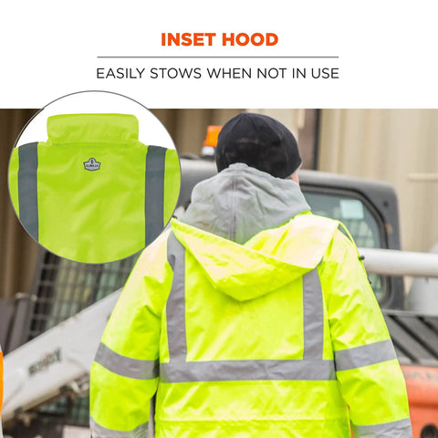 Rear view of GloWear 8365 Rain Jacket High Visibility Reflective ANSI Compliant Lime Outerwear with inset hood detail
