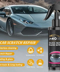 Bottle of Two Pack P40 Car Scratch Quick Repair Nano Spray beside a sports car on a textured road