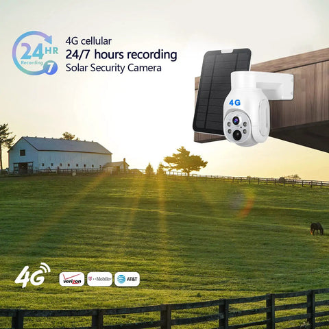 4G LTE Solar Powered Wireless Cellular Security Camera With PIR Motion Sensor PTZ Speed Dome overlooking a farm