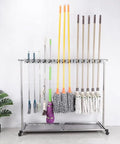 Heavy Duty Garage Broom Organizer Rack On Wheels For Cleaning Tools And Garden Gear Broom Storage Holder And Tool Organizer For Shed Closet And Laundry Room Easy Rolling Mobility Durable Clutter Cleaner with mops and brooms