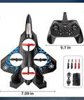 Foam RC Airplane For Kids And Adults with 2.4 GHz remote, colorful lights, and accessories; shows dimensions and components.