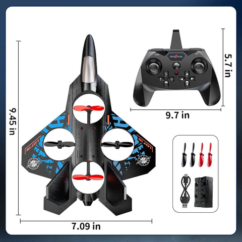 Foam RC Airplane For Kids And Adults with 2.4 GHz remote, colorful lights, and accessories; shows dimensions and components.