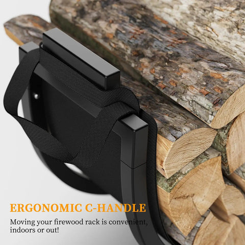 24 Inch Indoor Firewood Rack With Carrier, ergonomic handles for easy transport shown with wood logs in black holder