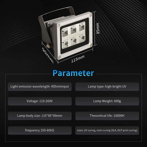 Ultra Fast UV Resin Curing Lamp For SLA DLP LCD 3D Printing 405nm 60W LED UV Light With Rotating Bracket technical specifications