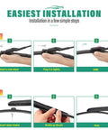 Installation steps for All Weather Windshield Wiper Blade Set For Audi Q3 Q5 SQ5 And Porsche Panamera, showing front and rear blades.