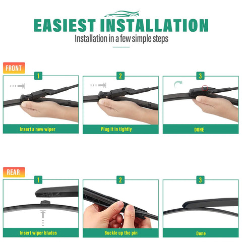 Installation steps for All Weather Windshield Wiper Blade Set For Audi Q3 Q5 SQ5 And Porsche Panamera, showing front and rear blades.