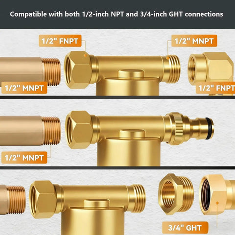 Reusable Brass Inline Sediment Filter With 40 Micron Mesh And 12 GPM High Flow for Washer Heater RV Hose, showing compatible connections.