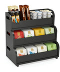 Three Layer Stackable Tea Bags Organizer Made From Bamboo With Large Capacity Go To Display Rack For Pantry Kitchen Office Coffee Station And Bars Restaurants Black shown stocked with tea bags and coffee pods.