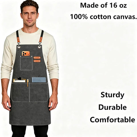 Cross Back Heavy Duty Work Apron With Oversized Pockets For Men And Women, 16 Ounce Cotton Canvas, 31.5 By 27 Inches, Grey