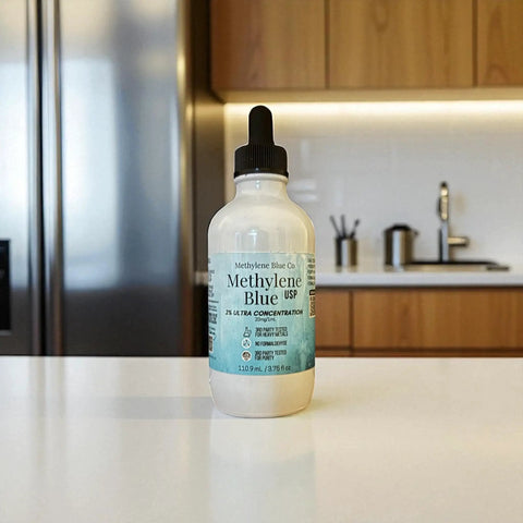 2 Percent Methylene Blue Solution in Glass Dropper Bottle for Lab And Medical Use, Ultra Concentration With Fewer Drops For Fast Colorizing Reactions, Sterile Glass Bottle USA Made 100ml on counter