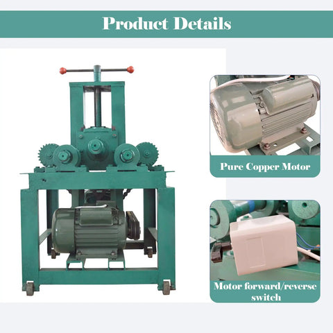 Heavy Duty Electric Pipe Bender For Greenhouse Square And Round Tube Bending with pure copper motor and control switch details.