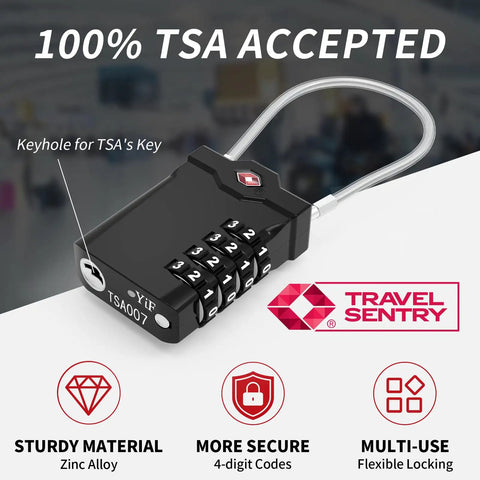 Two Pack TSA Approved Luggage Locks With Flexible Steel Cable, 4 Digit Resettable Padlocks For Suitcases, Backpacks, Gym Bags And Travel, Features Red Inspection Alert For Easy TSA Checks