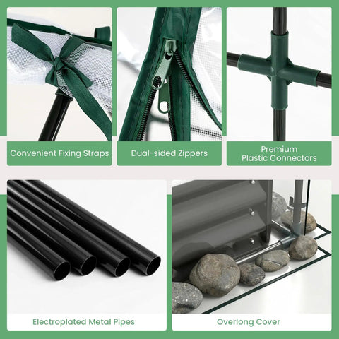 Close-up details of Metal Raised Garden Bed With Cover And Mini Greenhouse including fixing straps, zippers, connectors, and pipes.