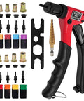 Premium 8 Inch Rivet Nut Tool Kit With Quick Change Heads And 80 Dual Metric SAE Mandrels For Precision Tight Space Installation On Cars Or Machinery DIY Pro Grade Carbon Steel Grip, red hand tool with mandrels