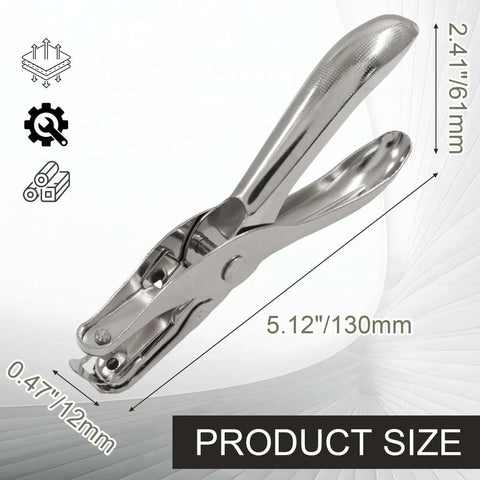 One Eighth Inch Hole Puncher 3mm Metal Paper Punch in stainless steel, dimensions 5.12 x 2.41 inches, ideal for DIY tags and cards.