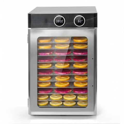 Heavy Duty Electric Food Dehydrator Rack With 12 Stainless Steel Trays 1200 Watt showcasing dried fruit slices.
