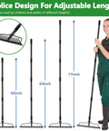 Woman holding adjustable 49 Inch Bow Rake Two In One Metal Garden Rake For Weeding Loosening Soil Raking Leaves Leveling Rocks