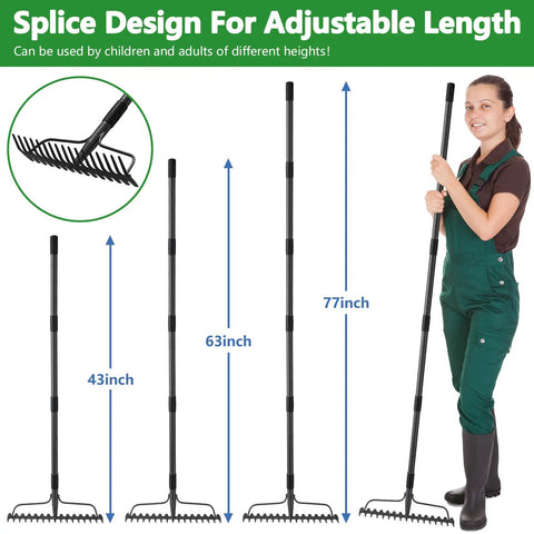 Woman holding adjustable 49 Inch Bow Rake Two In One Metal Garden Rake For Weeding Loosening Soil Raking Leaves Leveling Rocks