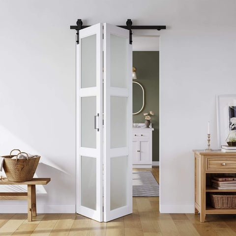 36x84 Inch White Bifold Barn Door With Hardware Kit Included Pre Drilled Holes For Easy Assembly Water Proof PVC Surface