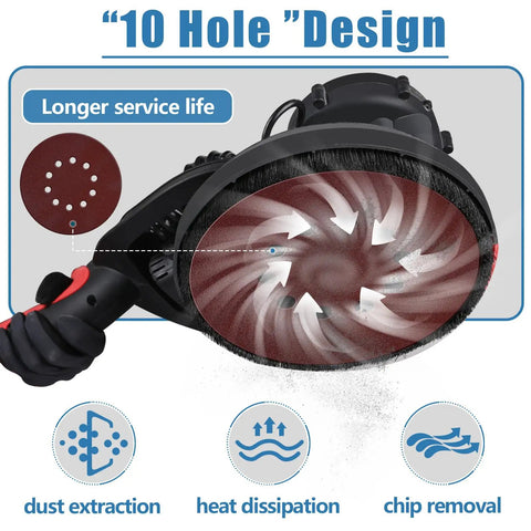 10 Hole 9 Inch Hook And Loop Sanding Discs 15 Pack For Drywall Wood Walls And Popcorn Ceiling Grits 60 80 120 180 220 With Quick Change System displayed on a tool.