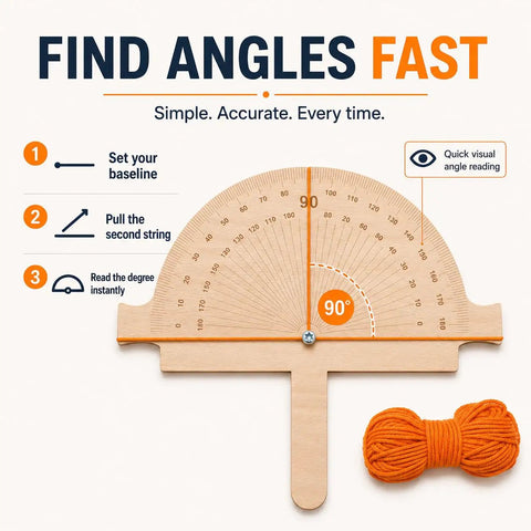 Jobsite Ready Wooden Angle Finder With Bright Orange String Line 12 By 10 Inch Birch Plywood Ruler showing degree markings for easy measurement.