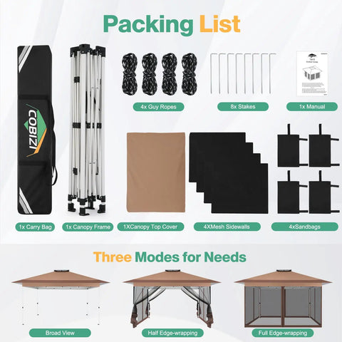 Packing list for 12x12 Pop Up Gazebo Canopy Tent With Mosquito Netting, Easy Up Metal Frame, Waterproof Outdoor Shelter.