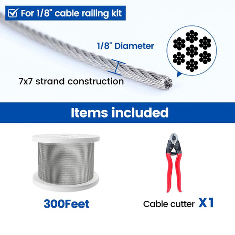 Go-To Coastal Grade 300 Ft One Eighth Inch Stainless Steel Cable Railing Kit includes wire rope and cable cutter