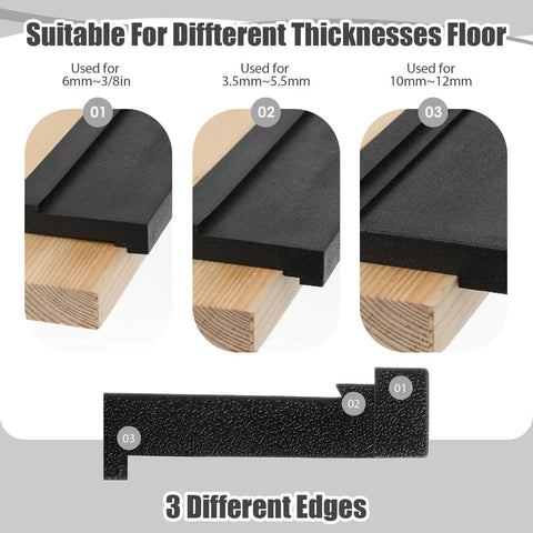Universal Tapping Block For Vinyl Plank And Laminate Floors showing three reversible edges for diverse flooring thicknesses