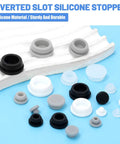 Ultimate 120 Piece Grey Silicone Hole Plug Pack With 9 Sizes For Furniture Legs And Cabinet Doors, Reusable Round Rubber Covers Perfect For Sealing Gaps And Keeping Things Snug On Any Project. silicone plugs in assorted sizes on a white board