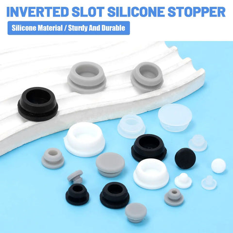 Ultimate 120 Piece Grey Silicone Hole Plug Pack With 9 Sizes For Furniture Legs And Cabinet Doors, Reusable Round Rubber Covers Perfect For Sealing Gaps And Keeping Things Snug On Any Project. silicone plugs in assorted sizes on a white board
