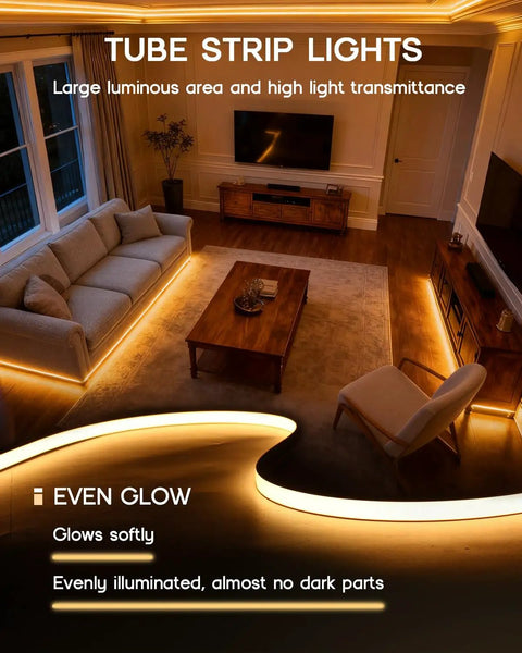 Living room with 32.8Ft LED Strip Lights 110 To 120V Dope Dimmable Silicone Neon Rope Lights illuminating under furniture