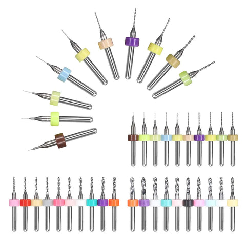 40 Pc PCB Drill Bit Set From 0.1mm To 3.0mm Micro Drill Bits With Spiral Flute Carbide shown in rows with color-coded rings