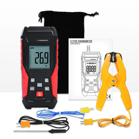 Type K Thermocouple Thermometer Kit With HVAC Clamp Meter Digital 1 Channel K Type Temperature Gauge Wide Range From -328 To 2501 Fahrenheit Includes Two Thermocouples Lead Probes And Pipe Clamp. Kit with digital meter, clamp, probes, manual and pouch