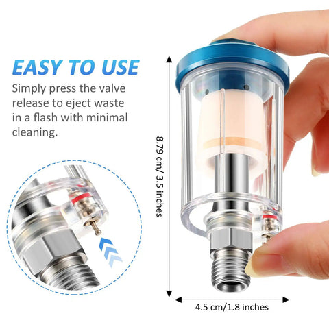 Triple Pack Compressed Air Filter And Water Oil Separator With 1/4 Inch NPT Inlet And Outlet showing size and valve release.