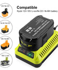 18V Ryobi Replacement Charger with battery indicators showing compatibility with Ryobi 12V-18V batteries, yellow and black design
