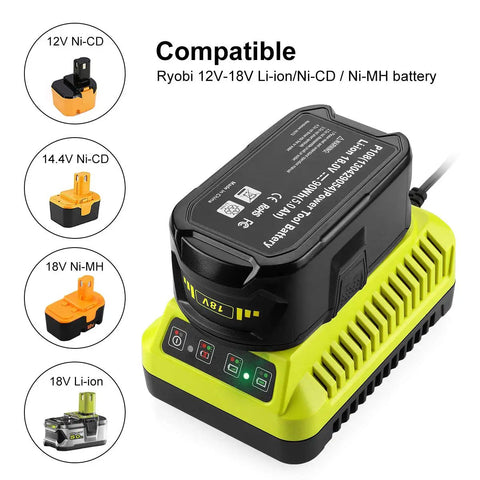 18V Ryobi Replacement Charger with battery indicators showing compatibility with Ryobi 12V-18V batteries, yellow and black design