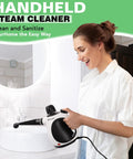 Heavy Duty Pressurized Handheld Steam Cleaner With Ten Piece Accessory Set Kicking Grease Grime And Pet Hair From Rugs Couches Tile And Sealed Wood Floors For No Sweat Household Cleaning Tasks in action sanitizing a bathroom sink.