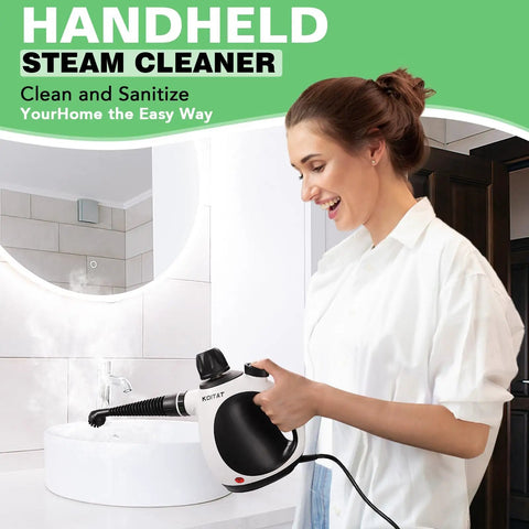 Heavy Duty Pressurized Handheld Steam Cleaner With Ten Piece Accessory Set Kicking Grease Grime And Pet Hair From Rugs Couches Tile And Sealed Wood Floors For No Sweat Household Cleaning Tasks in action sanitizing a bathroom sink.